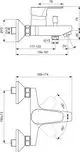 Ideal Standard Badearmatur mit einer einhebeligen Steuereinheit, seitlichen Anschlüssen und klaren geometrischen Linien. Maße und technische Details sind im Bild dargestellt.